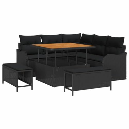 vidaXL 8-teiliges Garten-Sofa-Set mit Kissen, schwarzes Poly-Rattan und Akazie, für draußen, Sitzgruppe für 6 Personen, rechteckig, bequem, Patio-Lounge-Möbel, Terrasse, Set, Deck-Lieger, Tisch