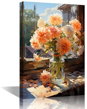 TISHIRON 1 Piece Vase Canvas Wall Art for Bedroom Dahlias Wall Art for Living Room Blooming Flower Modern Artwork for Home Giclee Framed Ready to Hang 24x16in