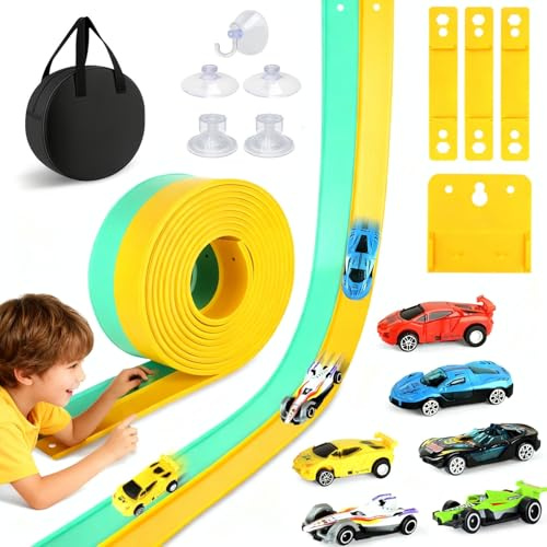 Flexible Car Race Track 5M, Rolls Up Race Car Ramp Speed Track with 6 Diecast Cars Storage Bag Suction Cups, DIY Ramps Racing Indoor Outdoor Double Racetrack Birthday Gift for Boys and Girl
