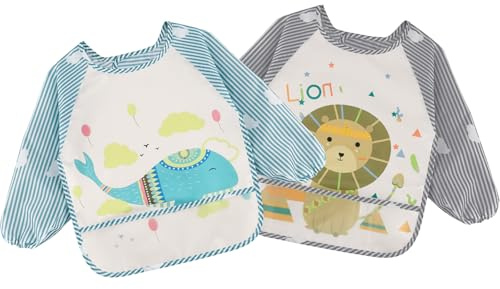 Vancle Baby Bibs with Sleeves, Waterproof Long Sleeve Bib Unisex Feeding Bibs Apron for Infant Toddler 2-PACK 02