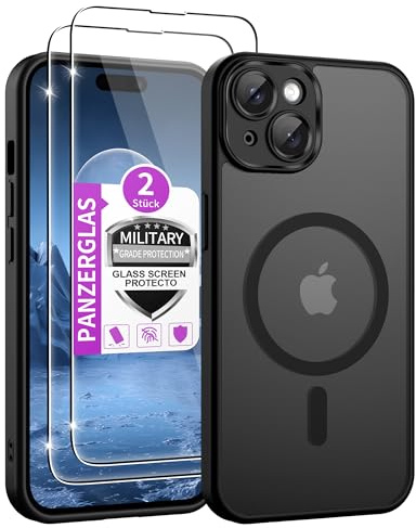 Jshru Handyhülle für iPhone 15 Hülle Kompatibel mit Magsafe,mit 2Stk Panzerglas Dünn Magnetisch Case Militärschutz Stoßfest Schutzhülle Matt Transluzent Cover für iPhone 15,Schwarz