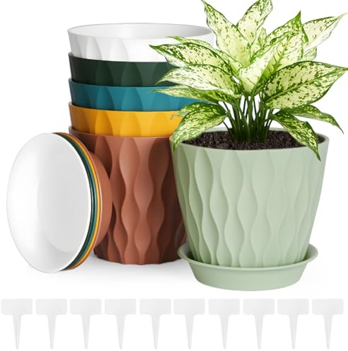 vsshe Vasi per Piante in Plastica, 6 Pezzi Colorati vasi in Plastica per Fiori, 15cm Vaso Rotondo per Fiori Piante con Sottovaso e Fori di Drenaggio, Resistente e facile da pulire, per Piante Cactus
