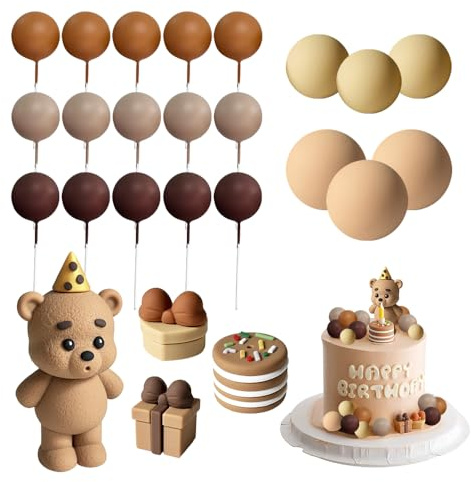 HMCEY 25 Stück Tortendeko Teddybär Geburtstag,Kuchen Deko Kugeln,Teddy Bear Cake Topper,Tortenaufleger Bär Geburtstagsdeko,Kuchendekoration Baby Shower,Cupcake Dekoration für Jungen, Mädchen - Braun