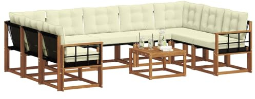 vidaXL Outdoor-Sofagarnitur 10 pcs Natur und Creme Massivholz Akazie, Akazienholz Gartenmöbelset, moderner Sofa für draußen, Bequeme Lounge mit Textilene-Rückenlehne, braune Couch