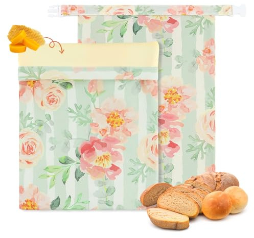 Aurablend Brotbeutel Leinen mit Natürlichem Bienenwachs - Wiederverwendbare Plastikfreie Aufbewahrung für Brot, Sauerteig & Backwaren Frischhalten (Doppelschicht, 2er Pack, 43×33cm) (Rosa)