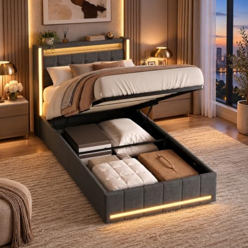 Polsterbett 90×200 mit Bettkasten, Hydraulisches Stauraumbett mit Ladestation & LED-Bleuchtung Jugendbett Einzelbett mit Stauraum Kopfteil Kinderbett mit Lattenrost, ohne Matratze (Leinen, Grau C)
