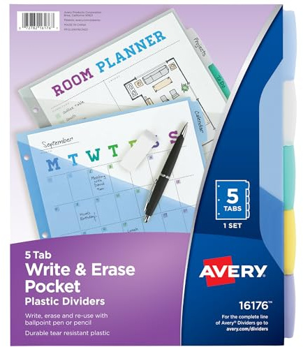 Avery Write & Erase Pocket Plastic Dividers for 3 Ring Binders, 5 Tab Set, Works with Sheet Protectors, Multicolor, 1 Set (16176)