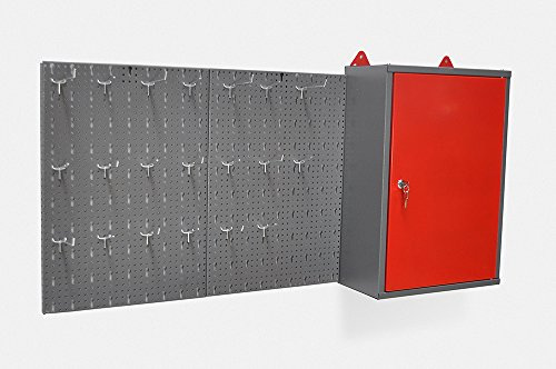 Metallschrank mit Hakenwand, 20 Haken, Euro-Lochung, Hammerschlag-Grau/Rot | Robuster Werkstattschrank mit Lochwand; Ordnung für Werkzeug im Heim- und Industriegebrauch