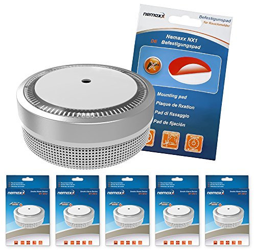 Nemaxx M1NX 5X Rauchmelder M1-Mini sensibler, photoelektrischer Rauchwarnmelder mit Lithiumbatterie Typ DC3V nach DIN EN14604-silber + NX1 Befestigungspad, Silber, 5er-Set, 5 Stück