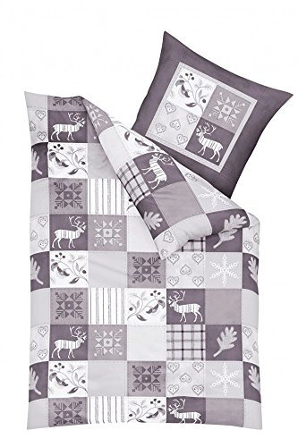 Kaeppel Biber Bettwäsche 2 TLG. Winterquilt Silber Weiß Grau Hirsch, Größe:155x220cm Bettwäsche