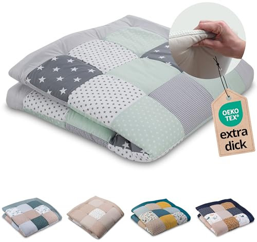 ULLENBOOM Krabbeldecke für Baby 140x140 cm, 100% OEKO-TEX Materialien, Made in EU, Dick & weich gepolstert, Mint Grau - ideal als Babydecke, Krabbelmatte & Spieldecke Baby