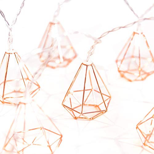 KINGCOO Vintage Lampenschirm Lichterketten, 20LEDs Rosé Gold Metall Polygon Laterne Käfig Geometrisches Lichter Batteriebetriebene für Home Patio Garten Hochzeit (Diamant)