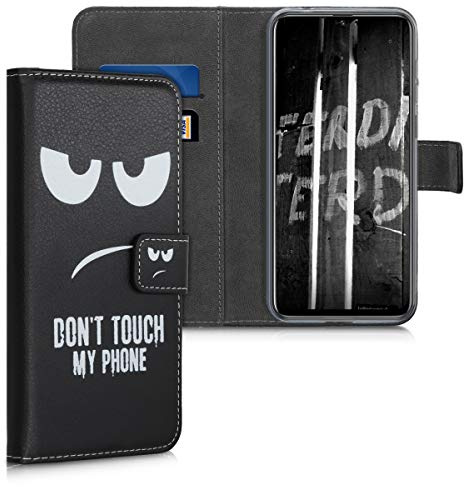 kwmobile Wallet Case kompatibel mit Ulefone Note 7 (2019) Hülle - Cover mit Ständer und Kartenfächern - Don't Touch My Phone Weiß Schwarz