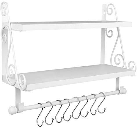 Halcent Wandregal Holz Schweberegal Hängeregal, 2 Etagen Gewürzregal Küchenregal für Küchen, Wand Regal Organizer Badregal mit 8 Abnehmbaren Haken für Badezimmer Wohnzimmer Flur