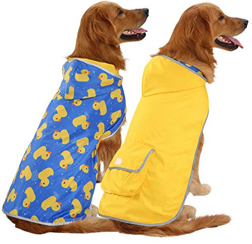 HDE Wendbarer Hunde-Regenmantel mit Kapuze, Zupf-Poncho, Regenmantel, Jacke für kleine, mittelgroße und große Hunde, Enten, Gelb - L