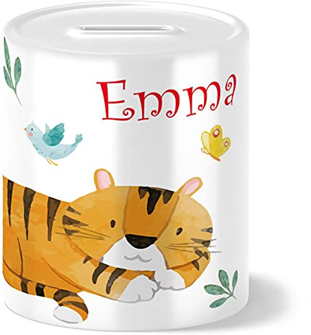 OWLBOOK® Safari Tiger Kinder Spardose Personalisiert mit Namen Geschenke Geschenkideen für Jungs Jungen zum Geburtstag Einschulung Taufe Geburt Sparschwein