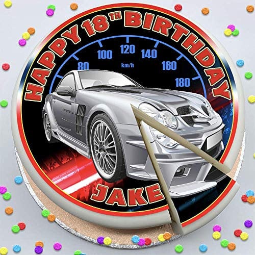 SPORTS CAR SILVER HAPPY BIRTHDAY PERSONALISED 7.5 INCH EDIBLE ICING CAKE TOPPER DECORATION RZ070