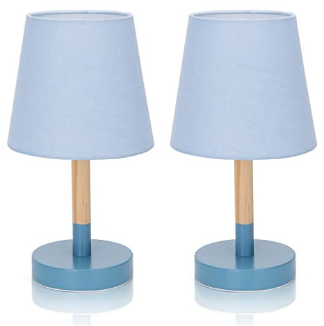 Aigostar Nachttischlampe 2er Set Holz, Moderne Tischlampe mit Stoffschirm und Metallfuß, E14 Fassung, Tischleuchte für Schlafzimmer, Wohnzimmer, Arbeitszimmer – Blau