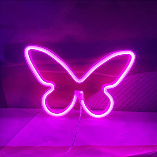 Lampe néon à LED en forme de papillon à suspendre - Fonctionne avec USB ou piles - Pour la maison, le bar, le restaurant, Noël, une fête d'anniversaire, un cadeau, décoration murale (Rose)