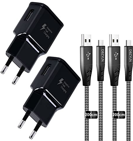 2-Pack Caricatore Compatibile per Samsung Galaxy S20, S10, S10+, S10e, S9, S9+, S8 Puls Flip 3, Caricabatterie Sostituzione Originale (5V-2A | 9V-1.67A) con Cavo Tipo C 200cm (Nero)