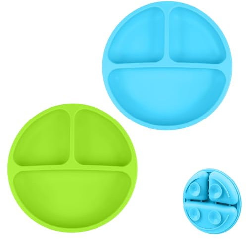 Vicloon Platos para Bebés,2 Piezas Platos de Silicona,Platos para Niños Pequeños con Ventosa,Platos de Bebé Antideslizante Platos Separados y Fijos