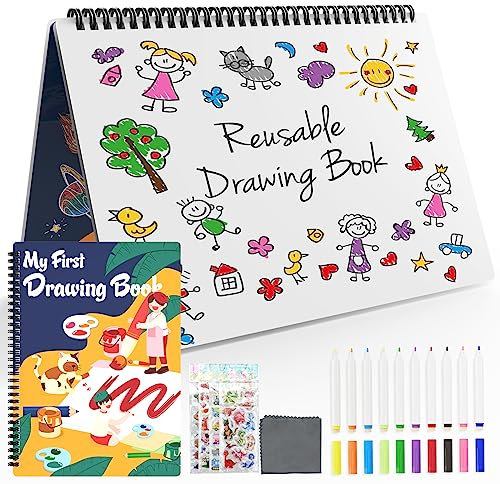 NEWYES Kinder Whiteboard Set Wiederverwendbares trocken löschbares Zeichenbuch mit 10 Markern, 3 4 5 6 7 8 Jahre alt Jungen & Mädchen Lernspielzeug löschbares Kritzelebuch zum Zeichnen, Kritzeln