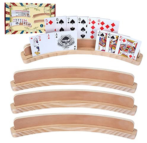 GOTHINK Lot de 4 porte-cartes à jouer incurvés en bois de 35,6 x 4,1 x 4,6 cm avec base large antidérapante, organiseur de cartes à jouer en bois incurvé pour enfants, personnes âgées et adultes