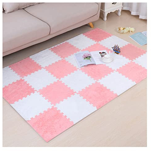 10 Ineinandergreifende Schaumstoff-Teppichfliesen, Weiche, Flauschige Plüsch-Teppichmatte, Selbstklebende Puzzle-Matte, rutschfeste, 30 X 30 cm, 0,4 Zoll Dicker Schaumstoff, Pink + Weiß