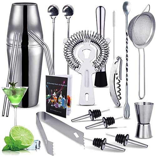 Purpledi Shaker Cocktail Set, 20 Pièces à Professionnel Kit, Cocktail en Acier Inoxydable de 750ml Barman Cadeau, kit cocktail shaker et accessoires