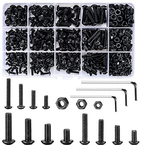 TOTSUN 750 Pcs Carbon Steel Nuts and Bolts Washers set Assorted M3 M4 M5 Black Thread Fastener Machine Hex Bolts and Nuts Assortment Kit with Box and 3 Hex Wrenches for Home Office Industrial