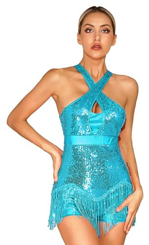 TTAO Damen Pailletten Tanz-Body Ballettbody Ärmellos Glitzer Gymnastikbody Ballett Trikot Leotard Latein Overalls Turnanzug Ballettanzug Himmelblau D S