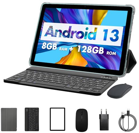 PRITOM 10 Inch Android 13,3-in-1Tablet, 8GB (4+4), 128GB, Expandable 1TB, 8000mAh, WiFi Tablet, Qcta Core Processor, WiFi 6, Bluetooth, Gaming Tablet, Tablet PC with Bag, Keyboard, Mouses, Teal