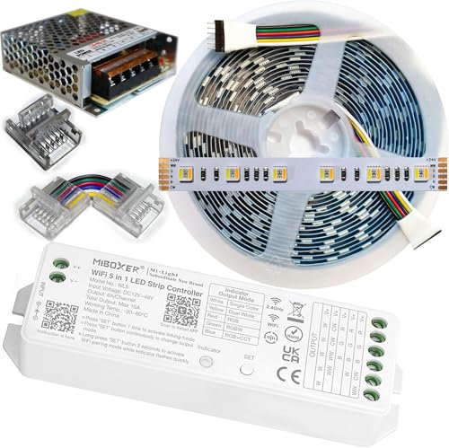 Mondo Strisce Led: RGB+Bianco Regolabile CCT 5in1 24V. Kit da 5 Metri con 1 Trasformatore da 60w e 1 Controller WiFi WL5. Con 300 Led RGB+CCT sviluppa 2500+2500 Lumen.
