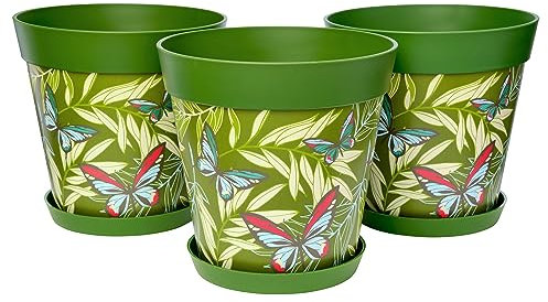 Hum Flowerpots set of 3 plastic, indoor/outdoor plant pots 25cm without drainage holes, and 3 saucers (Green Butterfly Palms)