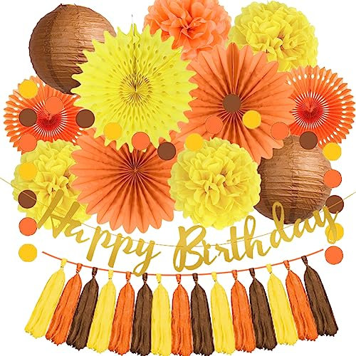 Geburtstag Deko Herbst Party Deko Orange Gelb Papierfächer Seidenpapier Pompons Braun Papier Laternen Tassel Happy Birthday Girlande Herbstlaub Kindergeburtstag Dekoration