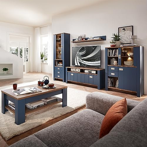 Wohnwand TV-Wand blau Landhaus mit Details in Eiche Nb. 5-teilig, Vitrine, Lowboard, Fernsehschrank, Wandregal, Highboard, Couchtisch, inkl. LED Beleuchtung