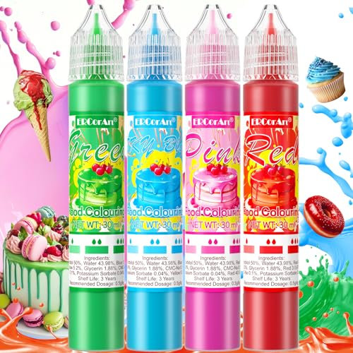 Food Colouring Liquid - 4 Vivid Colours Food Colouring (30ml/Bottle) - Food Grade Dye for Cake Decorating, Baking, Fondant, Icing, DIY Crafts & Slime - Safe, Non-Toxic & Highly Concentrated