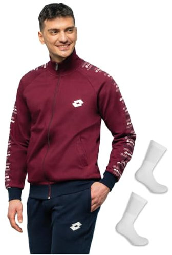 Lotto Tuta FELPATA Uomo + Calze Tennis Omaggio - Tuta Sportiva Autunno Inverno con ZIP Intera Cotone Felpato (IT, Testo, M, Regular, Regular, BORDEAUX 2018)