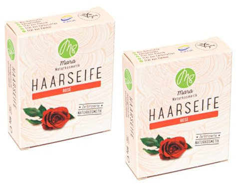 Mara Naturkosmetik - Feste Haarseife Rose – Pflegende Wellness Reinigung ohne Palmöl für Frauen und Männer – Naturseife - Nachhaltig, vegan, bio, umweltfreundlich, handgemacht und zertifiziert 2x90g