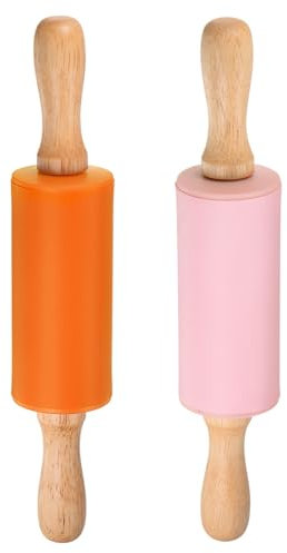 sourcing map Silicone Rolling Pins for Baking 9 Inch Wooden Handle Non Stick Rolling Pin Small Roller Playdough Rolling Pins for Dough Pizza Pastry Fondant Kitchen, Orange & Pink
