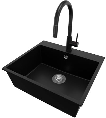 PRIMAGRAN Evier Cuisine en Granit Noir 58x50cm, Lavabo 1 bac + Robinet 40x20cm + Kit de Vidage, Évier à Encastrer al mueble 60cm - Riga S184