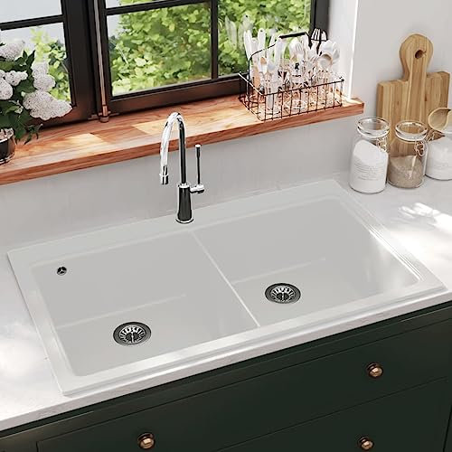 Sanitär-Overmount Küchenspüle Doppelbecken Granit Creme Weiß Hardware
