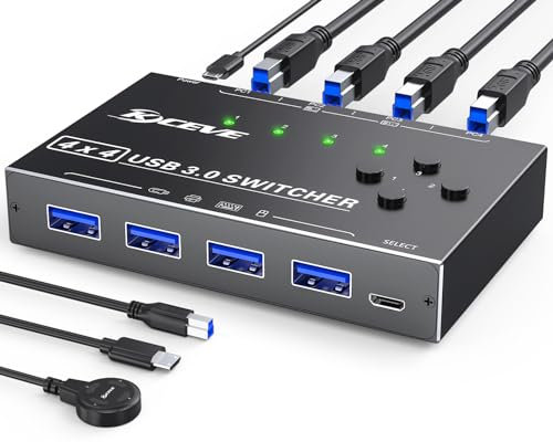 MLEEDA USB 3.0 Switch for 4 Computers - 4 Port Selector to Share 4 USB Devices, Keyboard Mouse Switcher With Wired Remote and 4 USB Cables