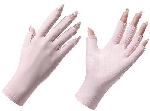 CutitiUU Guantes de protección UV para uñas,Guantes de protección solar UV para mujer,guantes transpirables de seda de hielo para verano, medio dedo para equitación,UPF50+ protección anti-UV (Rosado)