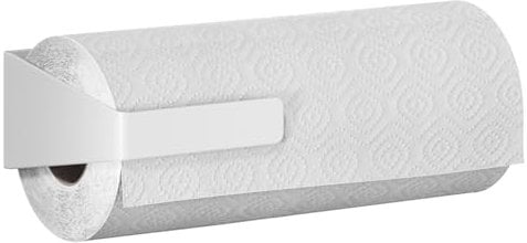 tesa Küchenrollenhalter – zum Kleben Papierrollenhalter für mehr Ordnung in der Küche - horizontale oder vertikale Montage - Küchenzubehör - mit Adapter, Wandmontage ohne Bohren - Weiß