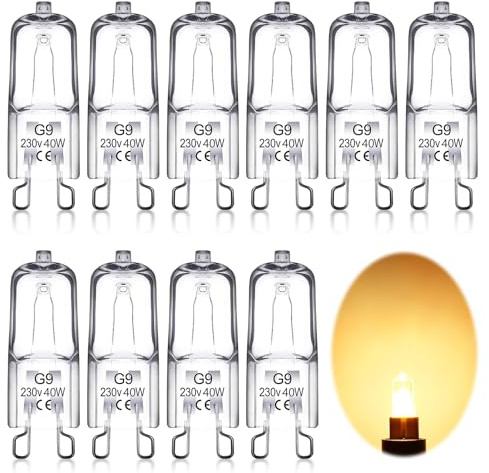 tinshow 10PCS G9 Halogen Light Bulbs 2 pin, 230V 40W 2800K Warm White Oven Lamp G9 Bulb 2 pin Light Bulbs Clear Capsule Halogen Lamps G9 Dimmable Bulbs No Strobe, No Flicker [Energy Class G]