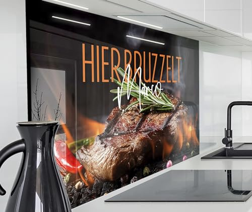 timalo Herd Spritzschutz Wand Spüle, Küche Küchenrückwand Glasoptik | Acryl Glas 2mm | Glasrückwand Acrylglas - personalisiert mit Namen - Rückwandschutz Platte | 80x50cm Grillen, Barbecue, Steak