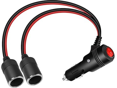GELRHONR 1 a 2 Divisor Encendedor de Cigarrillos 20cm, Cable de Extensión para Mechero de Coche con interruptor y Fusible 15A, 12V 24V Enchufe de Encendedor 2 vías Toma de Cigarillo Macho a Hembra