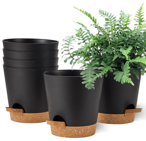 Gardrium Kunststoff Blumentopf Pflanzentopfs (15,2 cm) 6er-Set, Plastik Übertopf mit Ablauflöchern, Pflanzkübel für Innenbereich Balkon, Schwarz mit braunem Untersetzer
