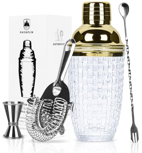 Raisaplin 4 Pcs Cocktail Shaker Set - Ideal for Home Bar, Mixing Drinks with Glass Shaker, 10 Cocktail Spoon, Double Jigger and Tight Spring Bar Strainer for Martini, Whiskey, Wine - Gold